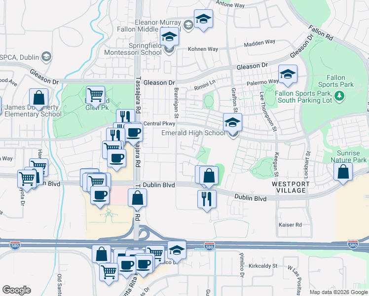 map of restaurants, bars, coffee shops, grocery stores, and more near 3613 Whitworth Drive in Dublin