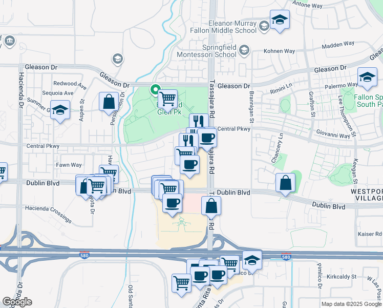 map of restaurants, bars, coffee shops, grocery stores, and more near 4680 Tassajara Road in Dublin