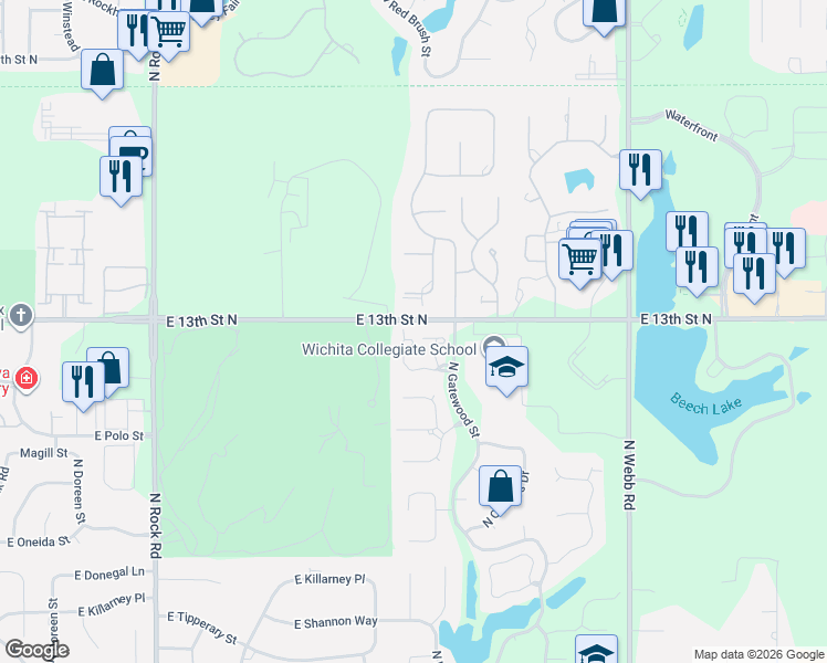 map of restaurants, bars, coffee shops, grocery stores, and more near 8780-9048 East 13th Street North in Wichita