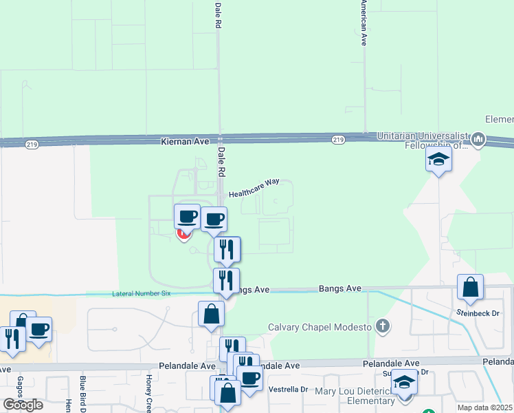 map of restaurants, bars, coffee shops, grocery stores, and more near 2920 Healthcare Way in Modesto