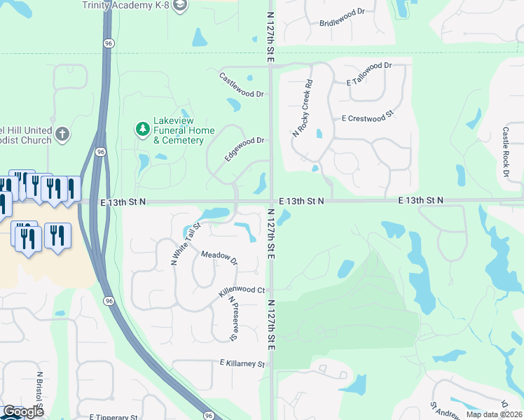 map of restaurants, bars, coffee shops, grocery stores, and more near 12720 East Bradford Court in Wichita