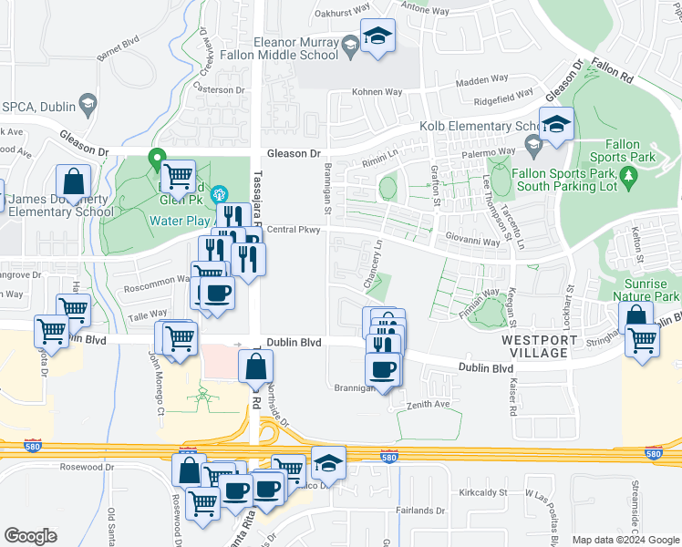 map of restaurants, bars, coffee shops, grocery stores, and more near 3660 Whitworth Drive in Dublin