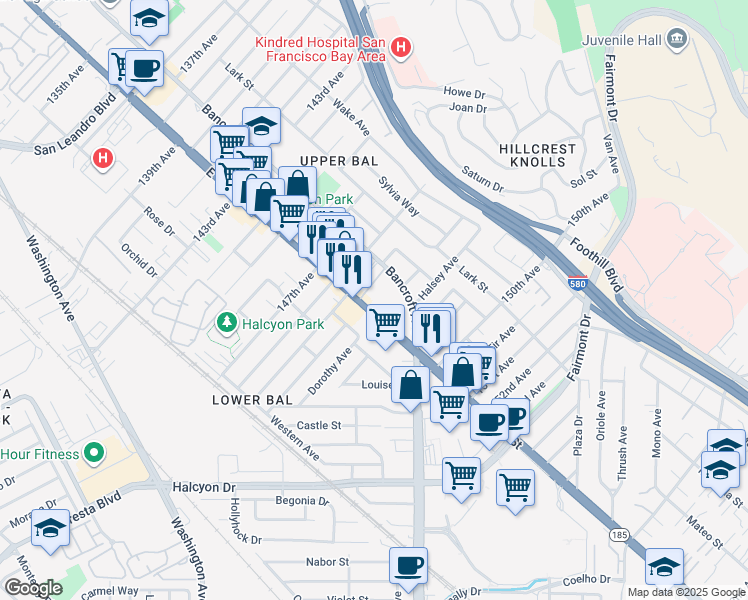 map of restaurants, bars, coffee shops, grocery stores, and more near 14857 Bancroft Avenue in San Leandro