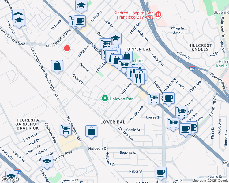 map of restaurants, bars, coffee shops, grocery stores, and more near 1244 145th Avenue in San Leandro