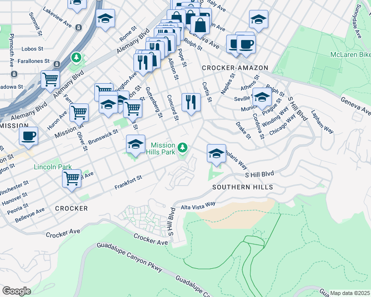 map of restaurants, bars, coffee shops, grocery stores, and more near 486 Pope Street in San Francisco