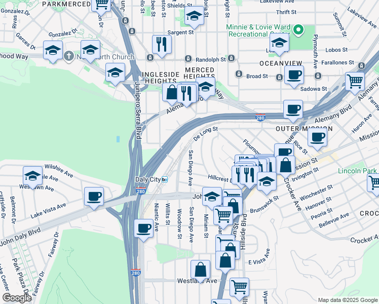 map of restaurants, bars, coffee shops, grocery stores, and more near De Long Street in San Francisco