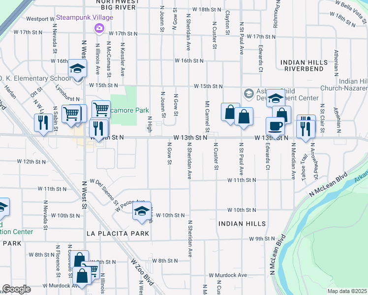map of restaurants, bars, coffee shops, grocery stores, and more near 3311 West 13th St N in Wichita