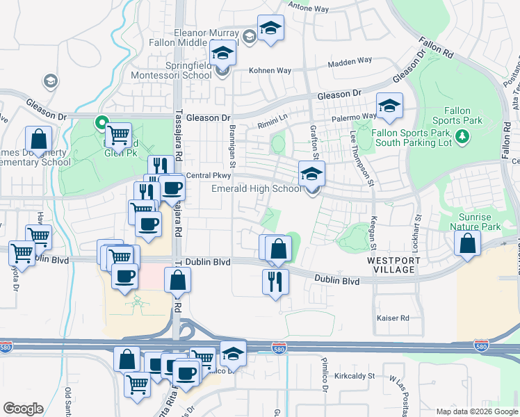 map of restaurants, bars, coffee shops, grocery stores, and more near 3660 Whitworth Drive in Dublin