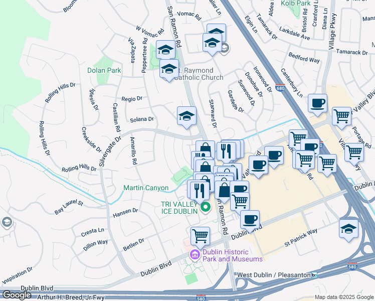 map of restaurants, bars, coffee shops, grocery stores, and more near 7684 Arbor Creek Circle in Dublin