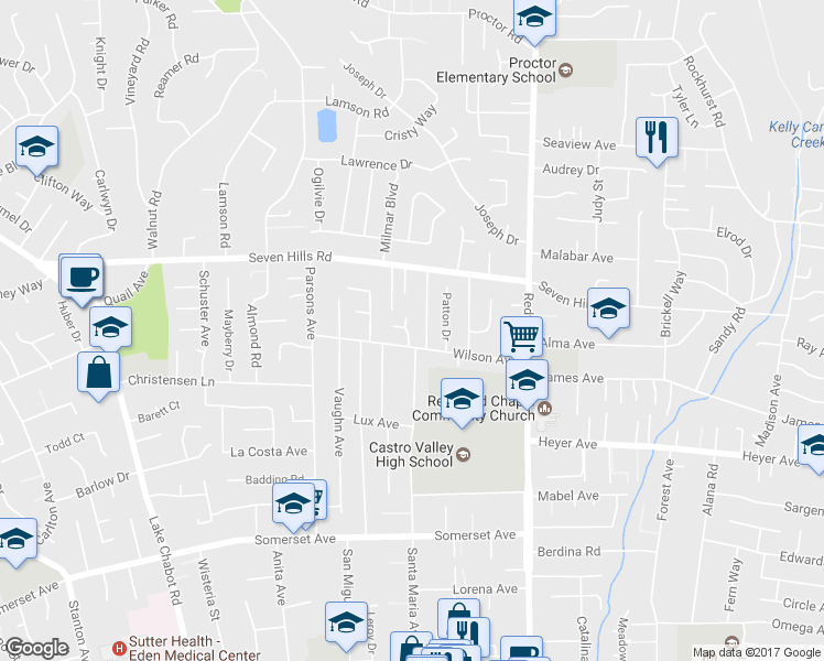 map of restaurants, bars, coffee shops, grocery stores, and more near 3938 Bonsai Place in Castro Valley