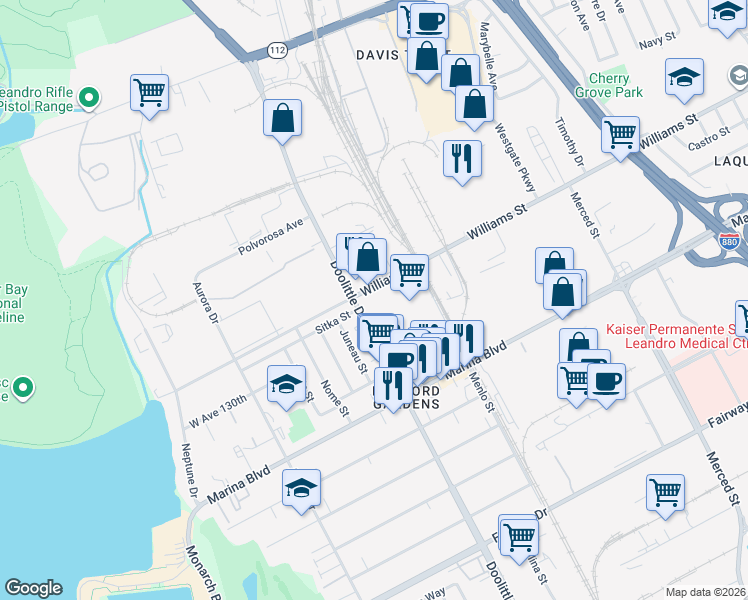 map of restaurants, bars, coffee shops, grocery stores, and more near 2109-2197 Williams Street in San Leandro