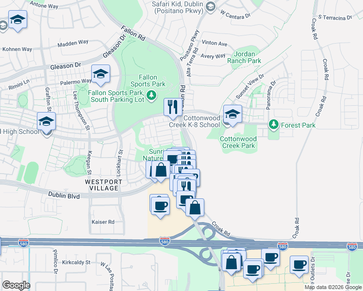 map of restaurants, bars, coffee shops, grocery stores, and more near 2651 Alliston Loop in Dublin