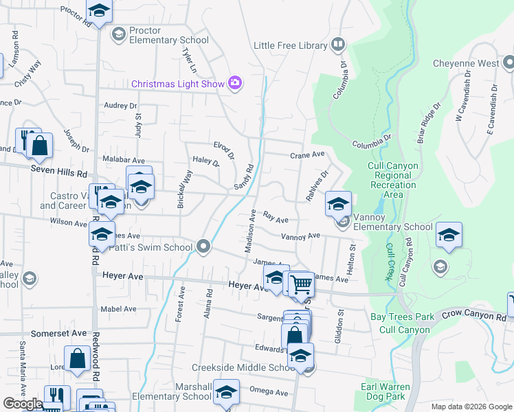 map of restaurants, bars, coffee shops, grocery stores, and more near 18810 Madison Avenue in Castro Valley