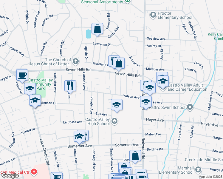 map of restaurants, bars, coffee shops, grocery stores, and more near 3938 Bonsai Place in Castro Valley