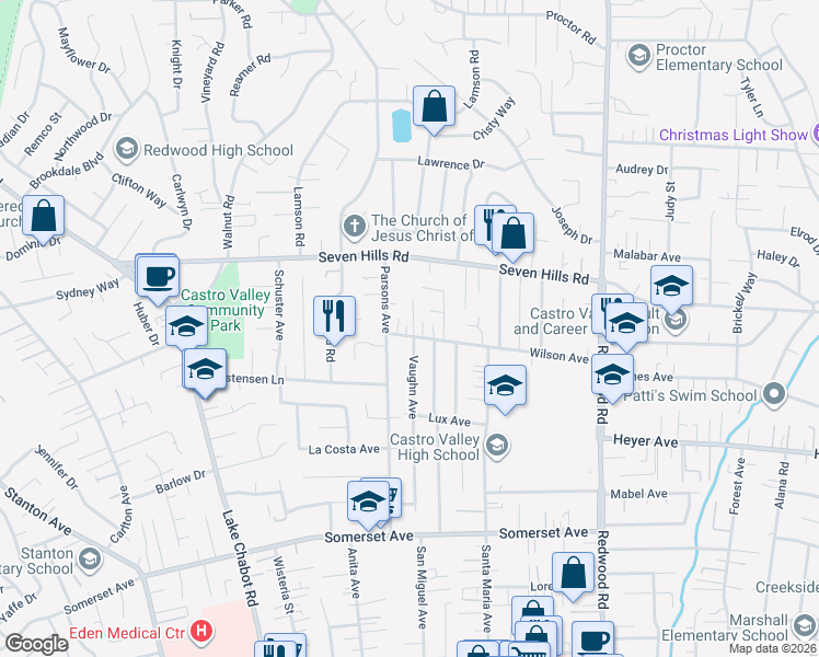 map of restaurants, bars, coffee shops, grocery stores, and more near 3824 Wilson Avenue in Castro Valley