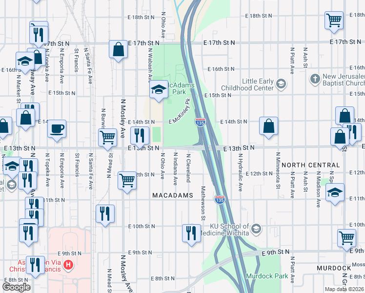 map of restaurants, bars, coffee shops, grocery stores, and more near 1262 East 13th Street North in Wichita