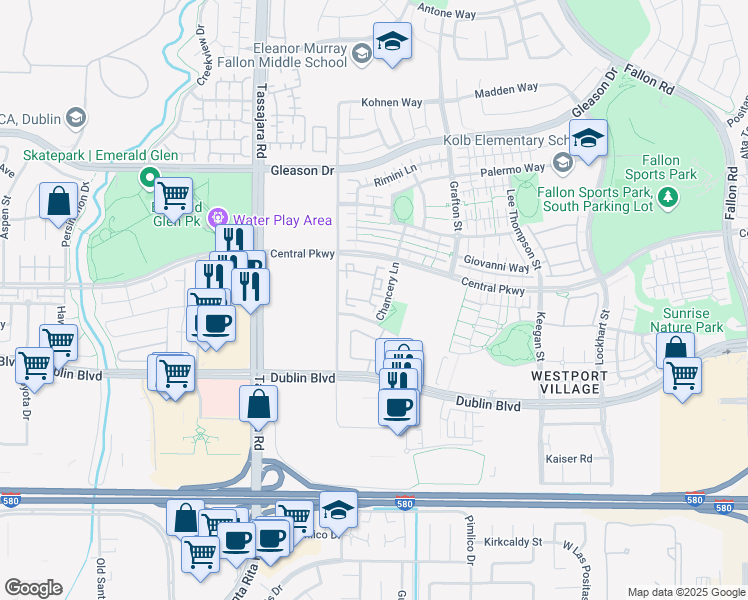 map of restaurants, bars, coffee shops, grocery stores, and more near 3649 Whitworth Drive in Dublin