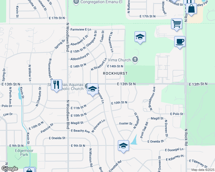 map of restaurants, bars, coffee shops, grocery stores, and more near 6800-6848 East 13th Street North in Wichita