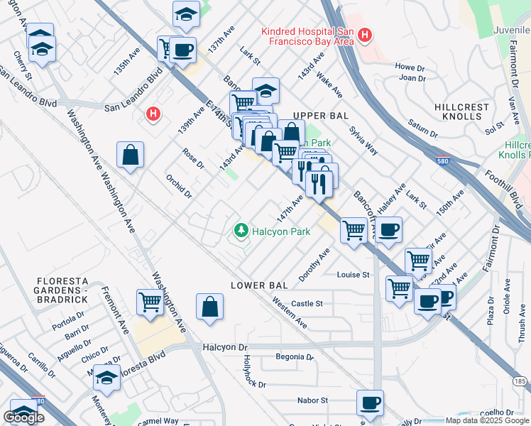 map of restaurants, bars, coffee shops, grocery stores, and more near 1270 Terra Avenue in San Leandro
