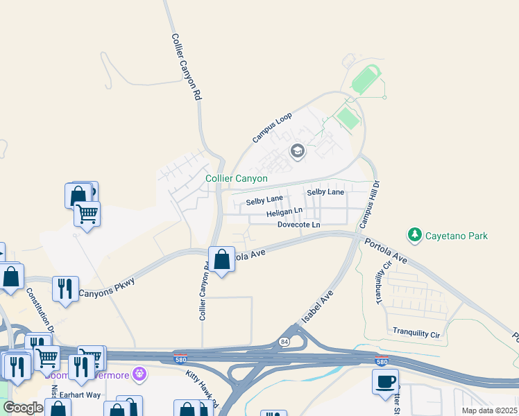 map of restaurants, bars, coffee shops, grocery stores, and more near 164 Heligan Lane in Livermore