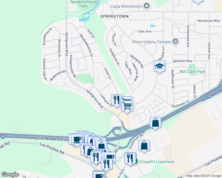 map of restaurants, bars, coffee shops, grocery stores, and more near 4840 Zinnia Court in Livermore