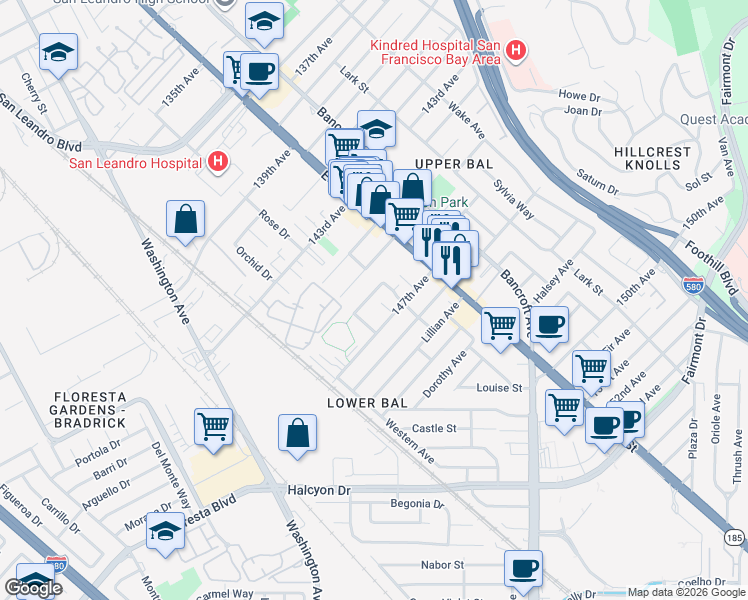 map of restaurants, bars, coffee shops, grocery stores, and more near 1270 Terra Avenue in San Leandro
