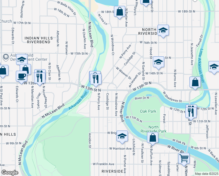 map of restaurants, bars, coffee shops, grocery stores, and more near 1736 West 13th Street North in Wichita