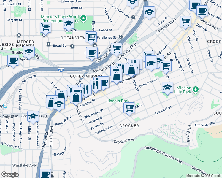 map of restaurants, bars, coffee shops, grocery stores, and more near 1062 Huron Avenue in San Francisco