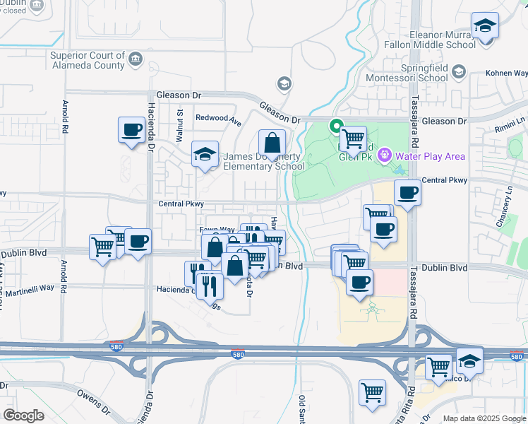 map of restaurants, bars, coffee shops, grocery stores, and more near 4570 Central Parkway in Dublin