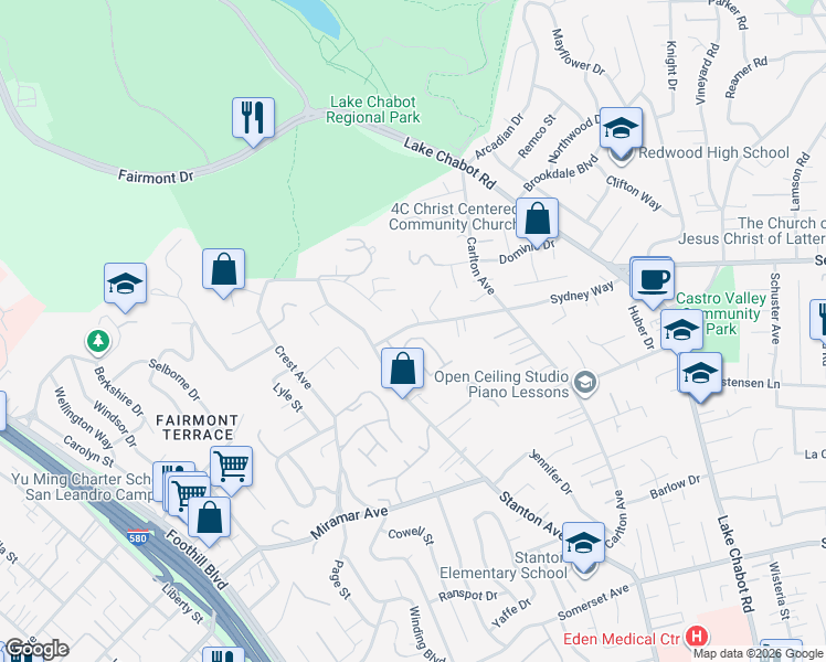 map of restaurants, bars, coffee shops, grocery stores, and more near 2796 Sydney Way in Castro Valley