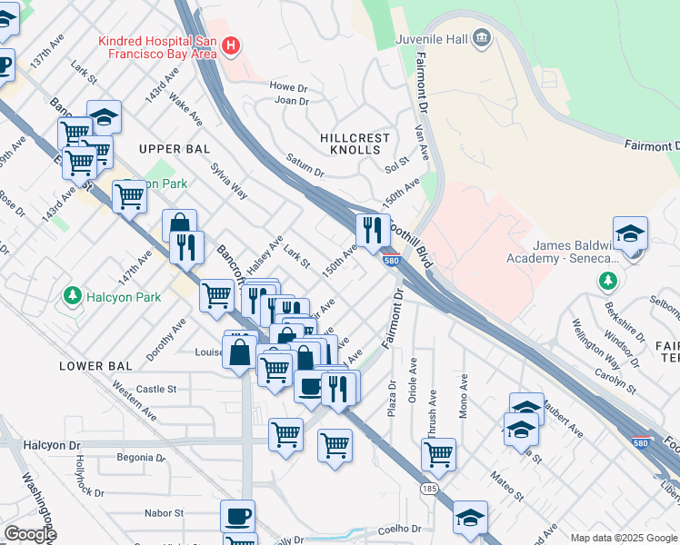 map of restaurants, bars, coffee shops, grocery stores, and more near 1700 150th Avenue in San Leandro