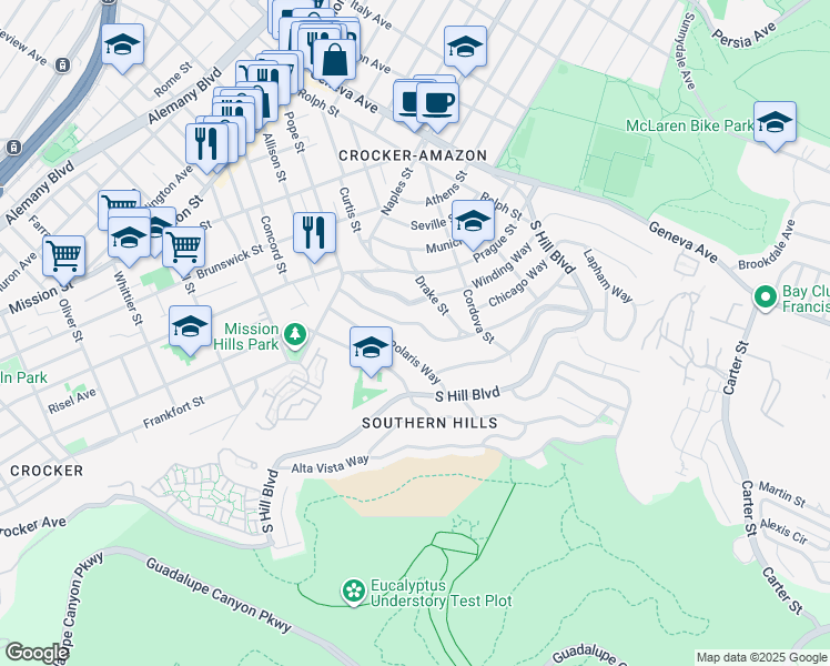 map of restaurants, bars, coffee shops, grocery stores, and more near 238 Baltimore Way in San Francisco