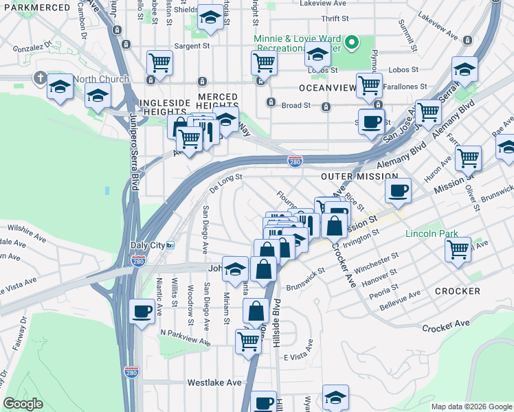 map of restaurants, bars, coffee shops, grocery stores, and more near 130 Shakespeare Street in San Francisco