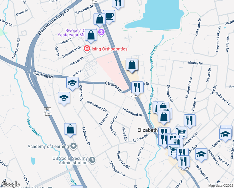 map of restaurants, bars, coffee shops, grocery stores, and more near 201-299 Woodland Court in Elizabethtown
