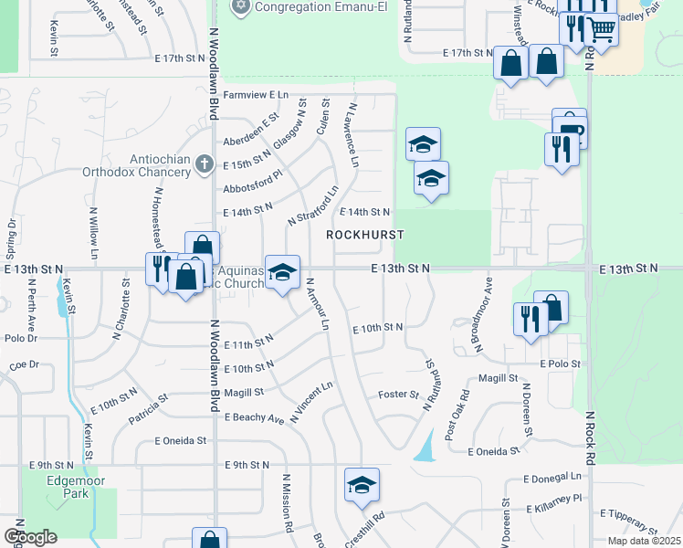 map of restaurants, bars, coffee shops, grocery stores, and more near 6800-6848 East 13th Street North in Wichita
