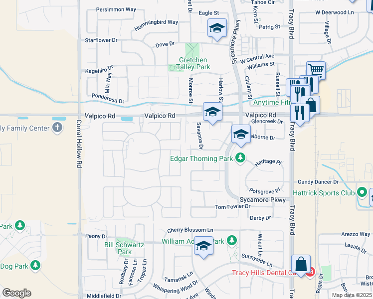 map of restaurants, bars, coffee shops, grocery stores, and more near 1499 Bluegrass Lane in Tracy