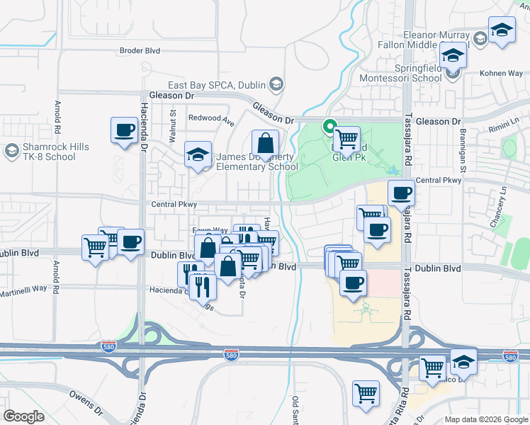 map of restaurants, bars, coffee shops, grocery stores, and more near 4555 Mangrove Drive in Dublin