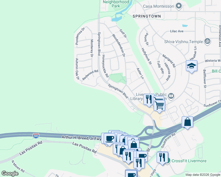 map of restaurants, bars, coffee shops, grocery stores, and more near 1425 Springtown Boulevard in Livermore