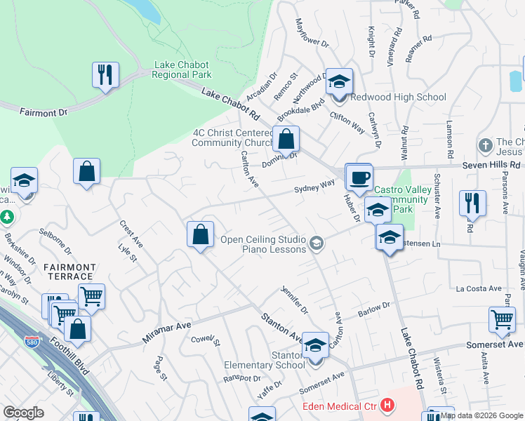 map of restaurants, bars, coffee shops, grocery stores, and more near 18743 Carlton Avenue in Castro Valley