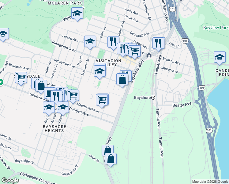 map of restaurants, bars, coffee shops, grocery stores, and more near 280 Talbert Street in San Francisco