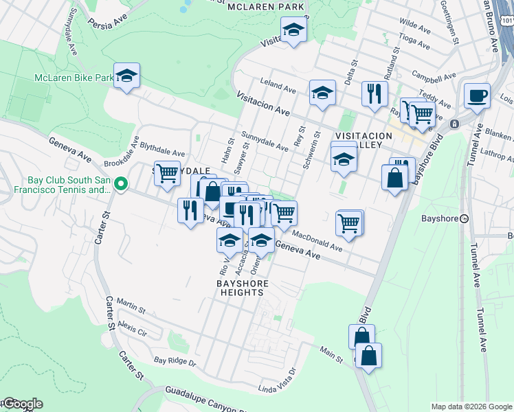 map of restaurants, bars, coffee shops, grocery stores, and more near 241 Velasco Avenue in San Francisco