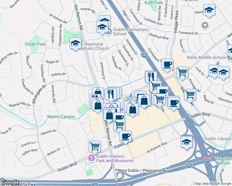 map of restaurants, bars, coffee shops, grocery stores, and more near 7317 Starward Drive in Dublin