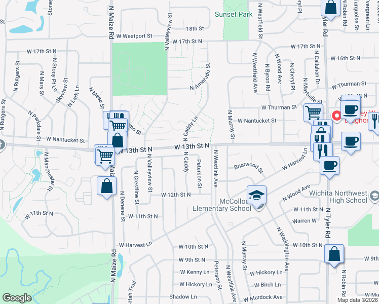 map of restaurants, bars, coffee shops, grocery stores, and more near 9901-9991 West 13th Street North in Wichita