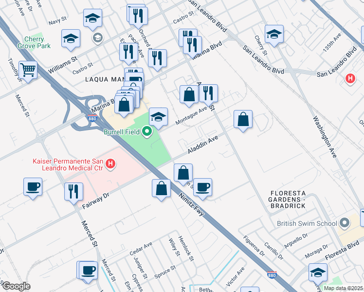 map of restaurants, bars, coffee shops, grocery stores, and more near 1133 Aladdin Avenue in San Leandro