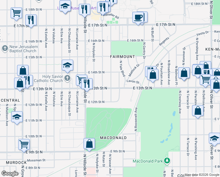 map of restaurants, bars, coffee shops, grocery stores, and more near 3498 East 13th Street North in Wichita