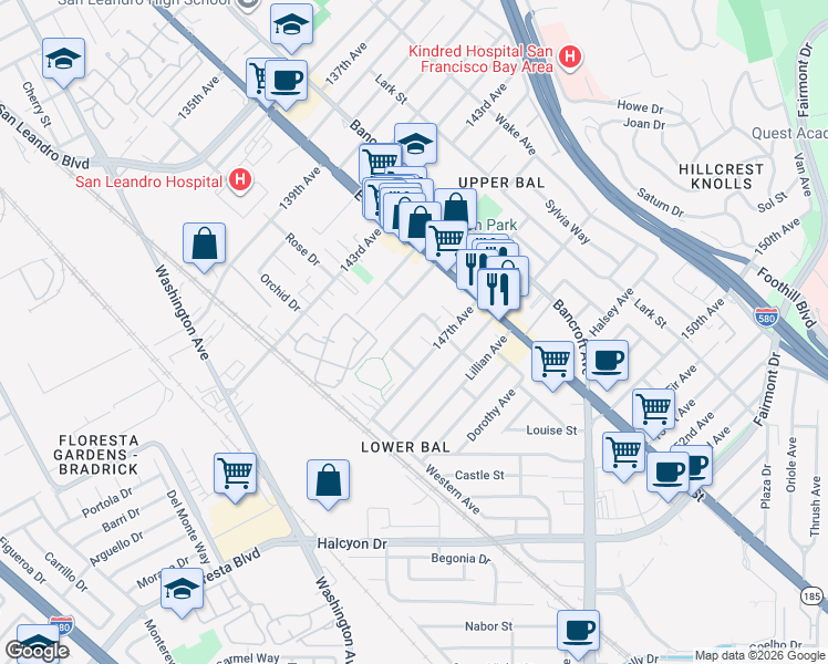 map of restaurants, bars, coffee shops, grocery stores, and more near 1274 Terra Avenue in San Leandro