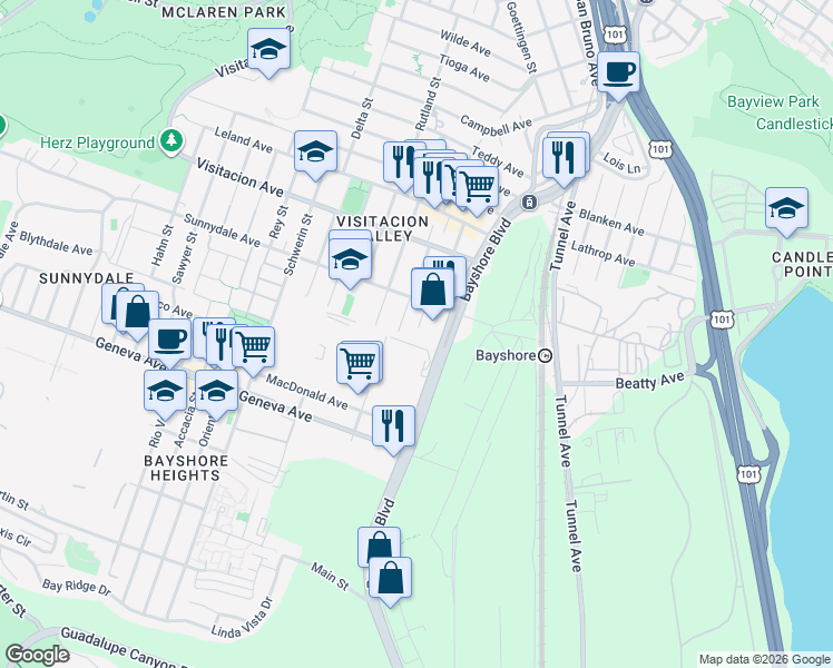 map of restaurants, bars, coffee shops, grocery stores, and more near 2630 Bayshore Boulevard in San Francisco