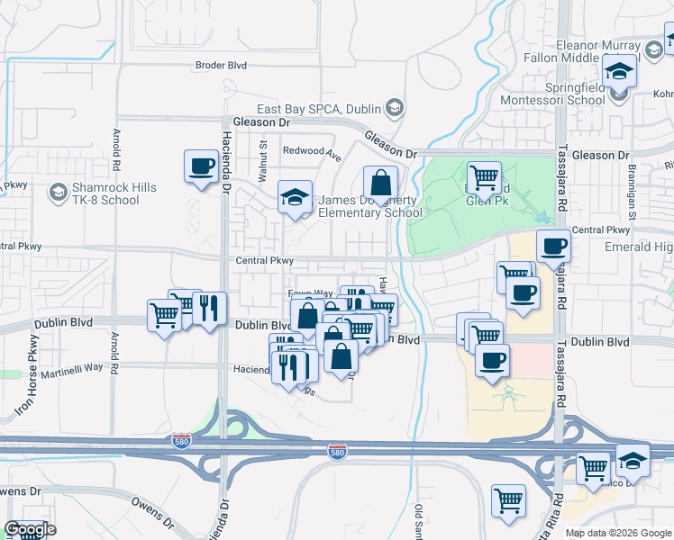 map of restaurants, bars, coffee shops, grocery stores, and more near 4683 Mangrove Drive in Dublin