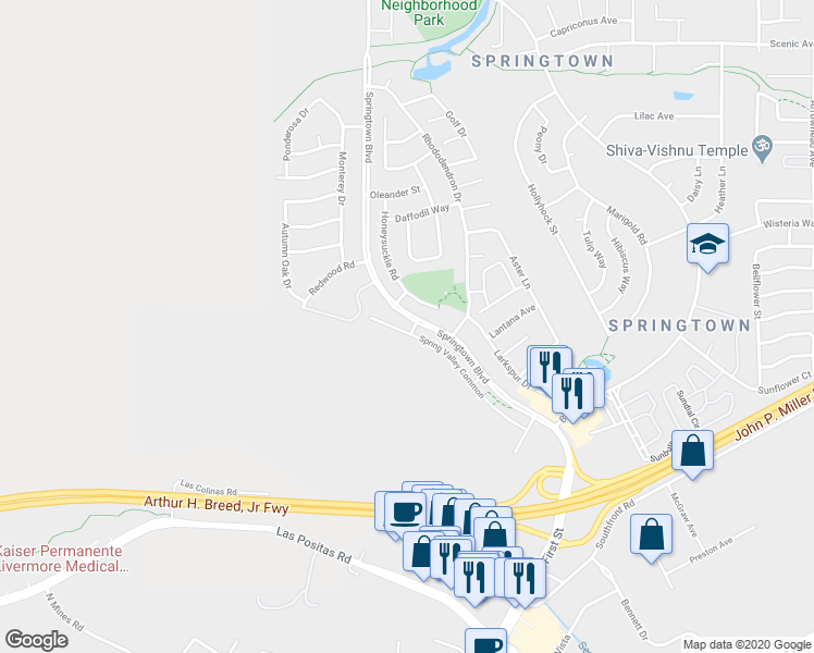map of restaurants, bars, coffee shops, grocery stores, and more near 1429 Spring Valley Common in Livermore