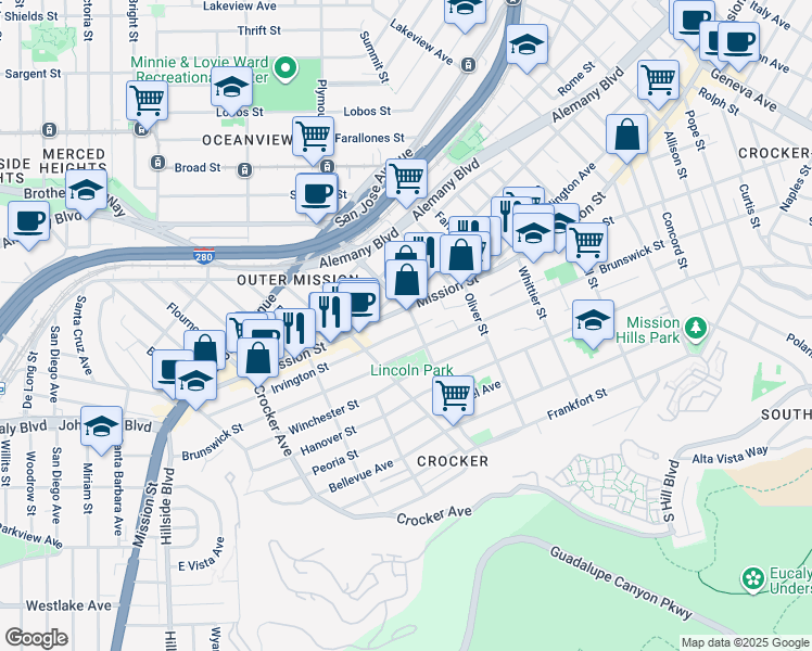 map of restaurants, bars, coffee shops, grocery stores, and more near 40 Acton Street in Daly City
